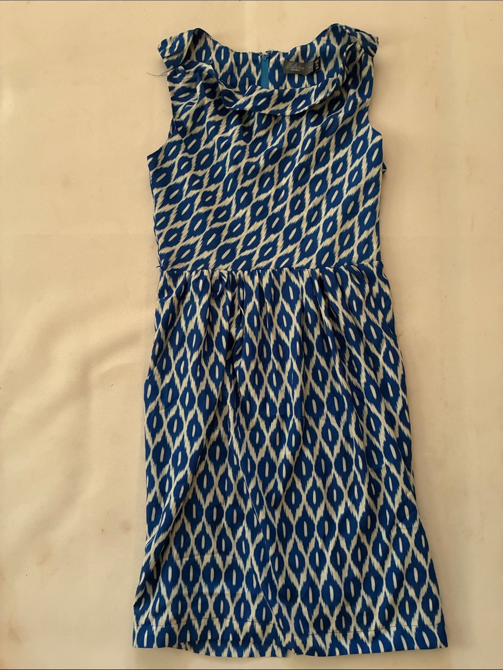 Coasta Blanca Blue and White Sleeveless Patterned Dress with Soft Gathered Skirt